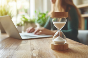 Hourglass on wooden desk with woman working on laptop in background, symbolising limited time for Windows 10 upgrade