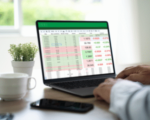 Person working on a laptop with a financial spreadsheet open on screen