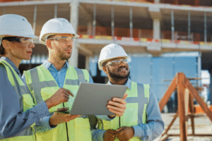 Construction team using laptop on site to illustrate the significance of construction cyber threats