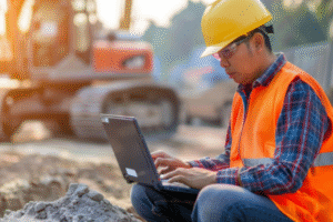 Worker using laptop on site to manage construction cyber threats