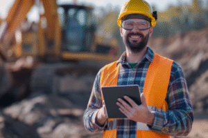 Construction site worker using a tablet for IT services in mining and construction