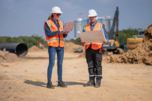 Construction managers using laptop and blueprints for IT services in mining and construction