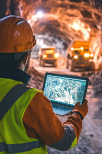 Mining engineer using laptop underground to manage IT services for mining operations