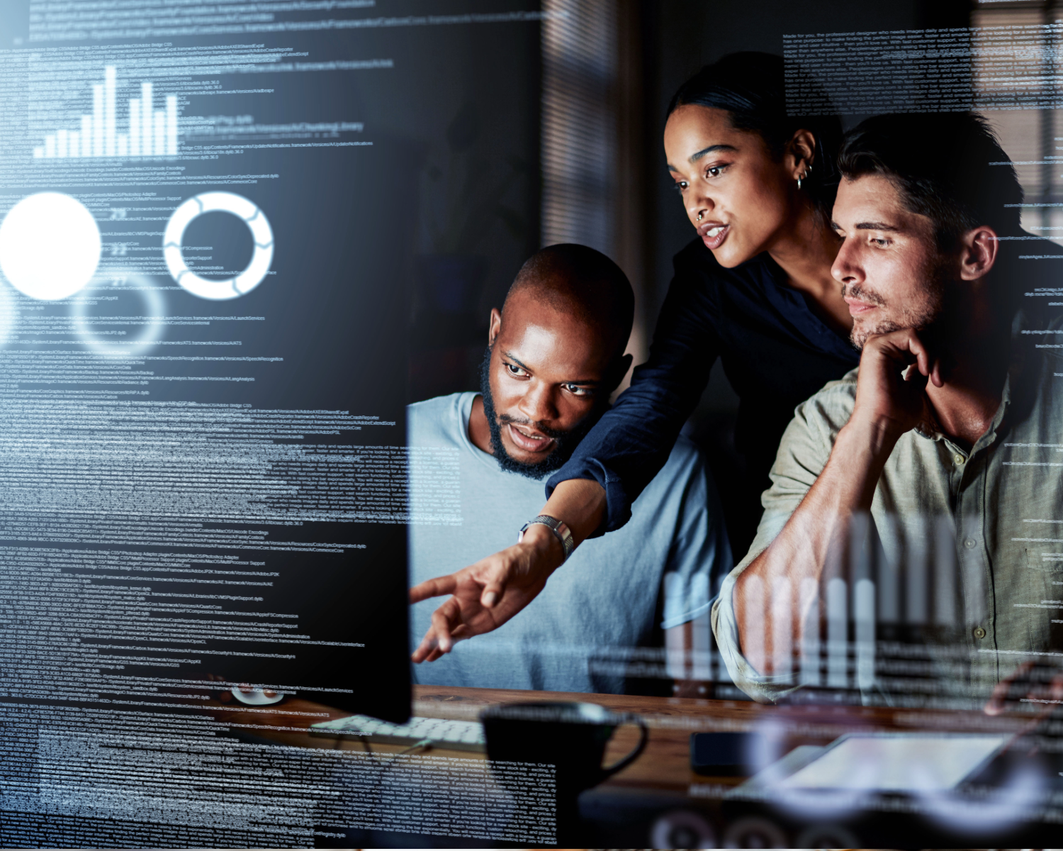 Team analysing cybersecurity data and code on screen in a modern office