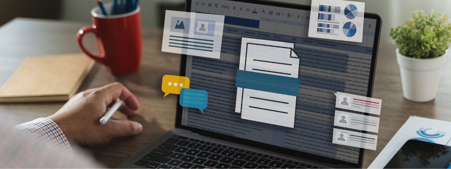 Laptop with Microsoft 365 apps, charts, and collaboration icons symbolising a smooth migration process.