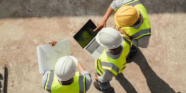 Construction workers using laptop on site with IT support for construction companies