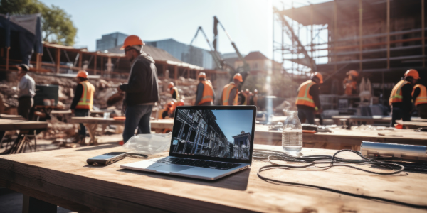 Laptop on construction site showing how IT support for construction companies keeps projects moving