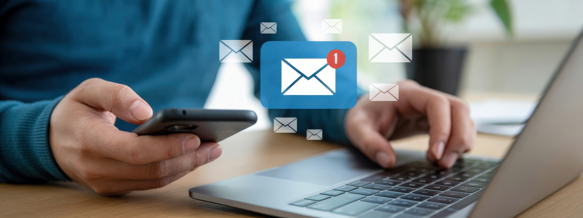 User checking emails on phone and laptop, highlighting Microsoft Exchange 2016 and 2019 upgrade before end of support in 2025.