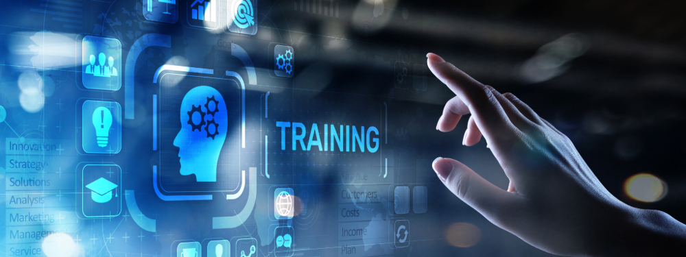Hand selecting digital training icon representing security awareness training for employees in cybersecurity