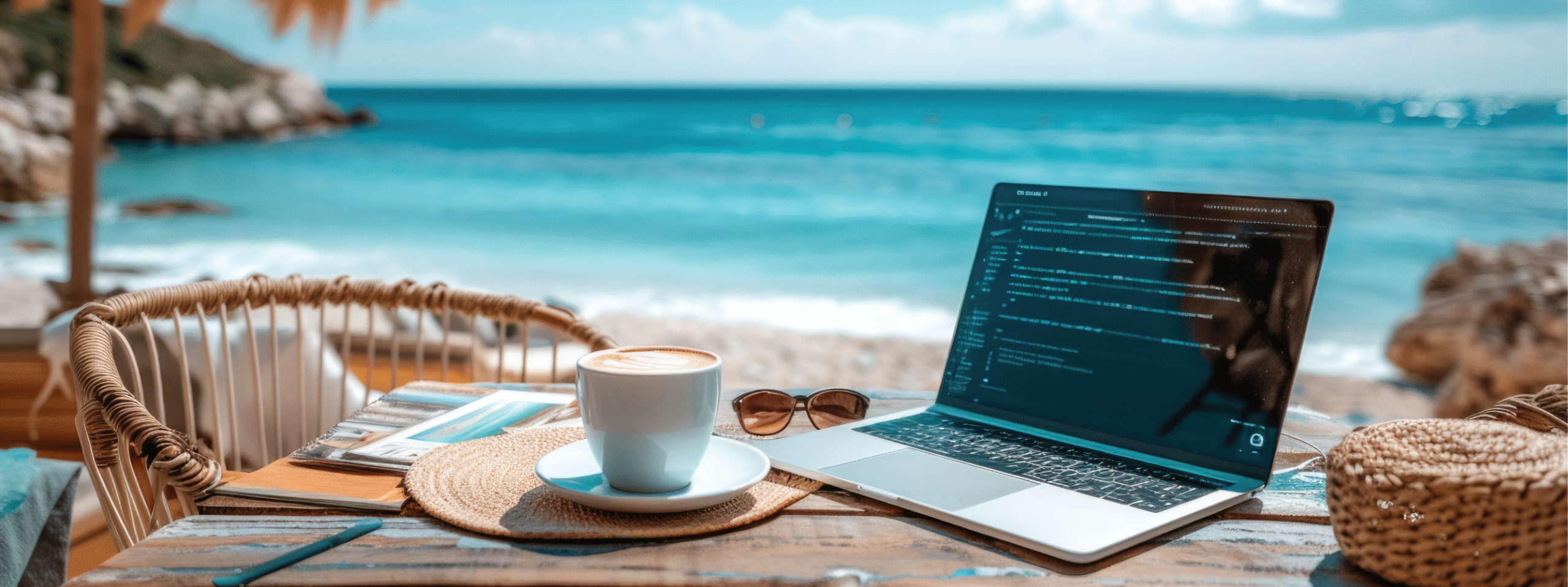 Laptop and coffee on a beach table, symbolising remote work and holiday cybersecurity awareness.