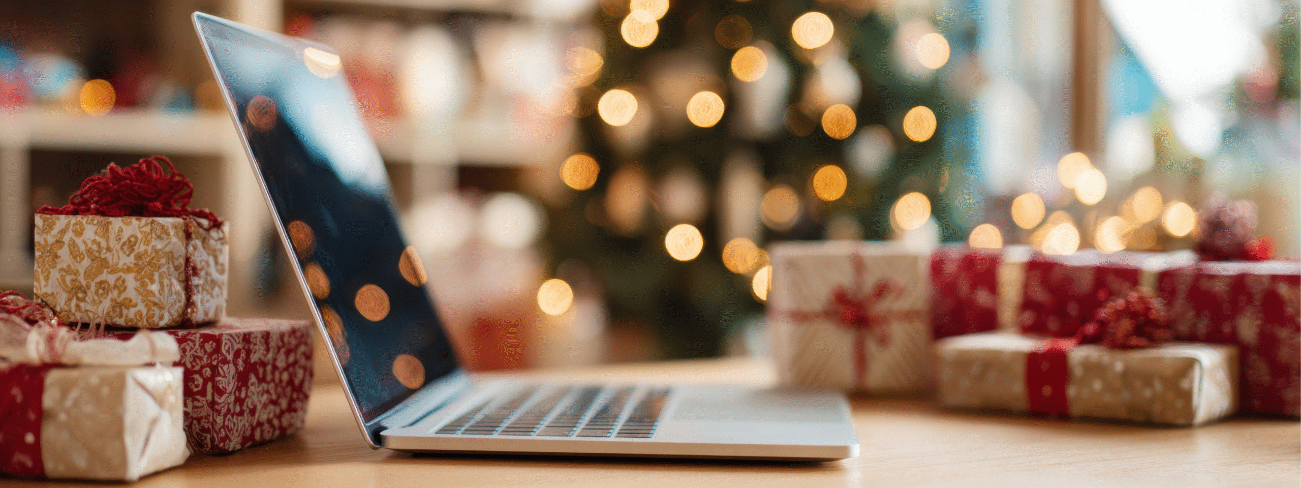 Open laptop surrounded by Christmas presents and festive lights, representing holiday IT support and remote monitoring during staff leave.