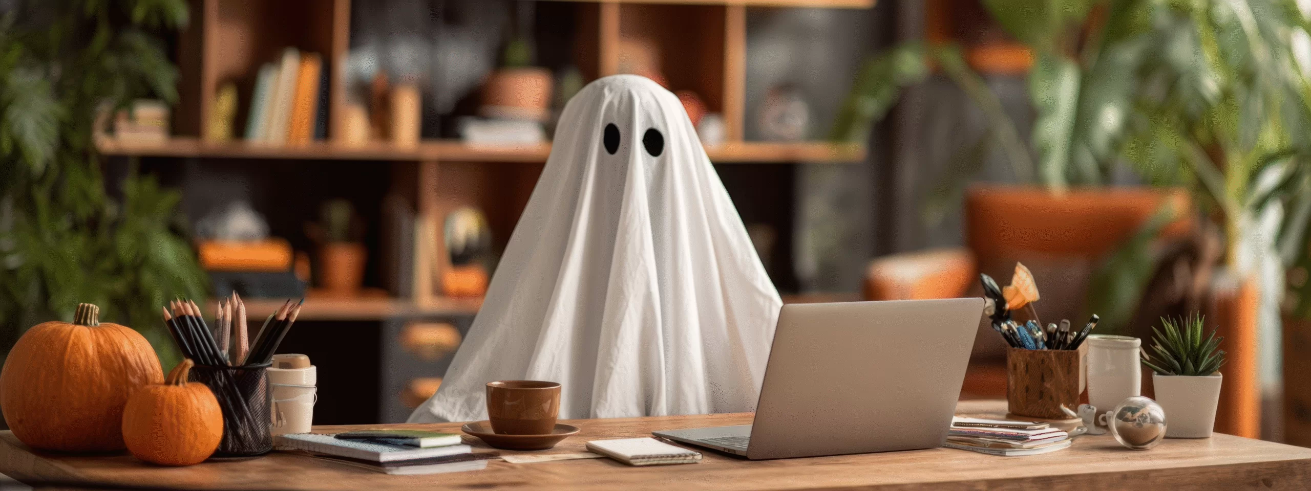 Person in a ghost costume working on a laptop at a decorated office desk with pumpkins and plants, symbolising IT nightmares at work