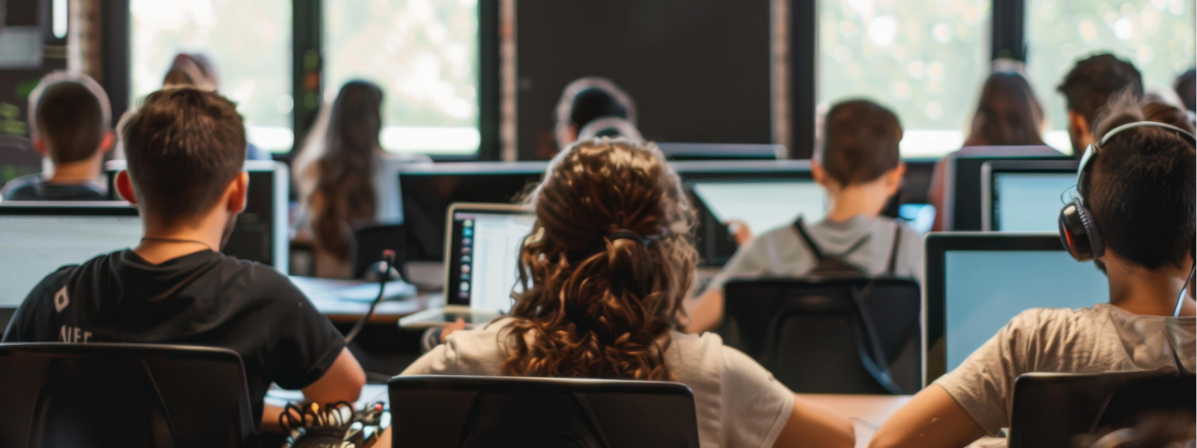 Students using desktop computers and laptops in a school computer lab, illustrating IT support for schools