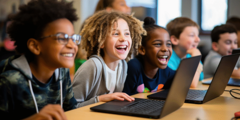 Primary school students smiling while using laptops in a classroom, illustrating IT support for schools and digital learning