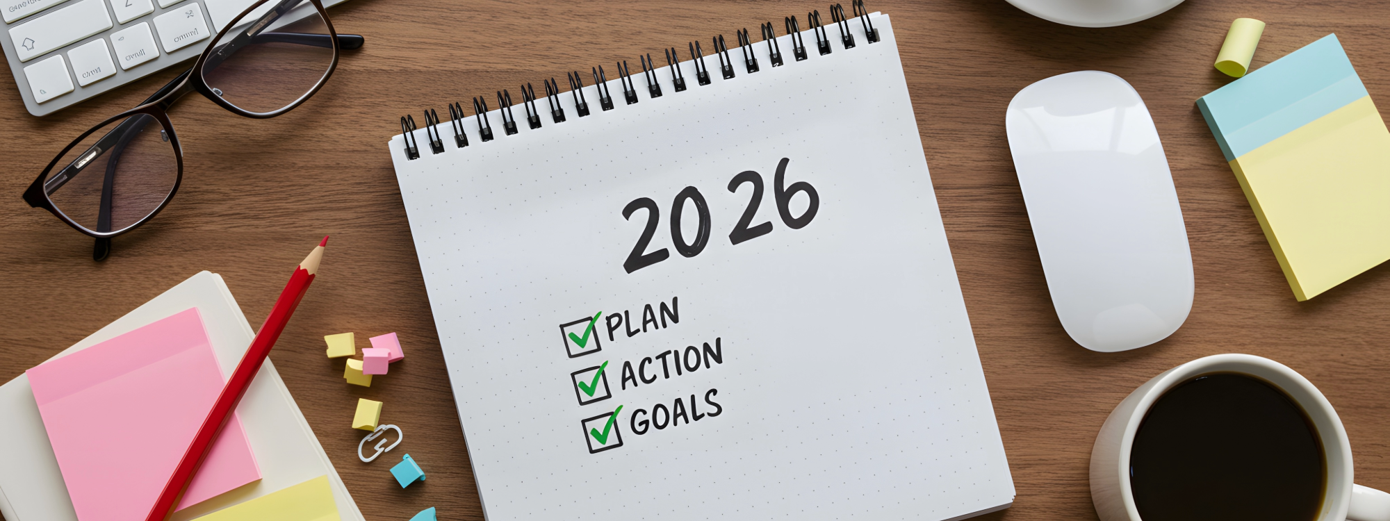 Notebook showing “2026” and a resolutions checklist, representing IT planning and business goals for the year ahead.