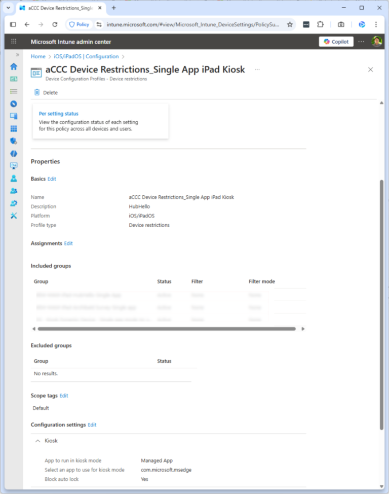 Microsoft Intune device restrictions showing single app kiosk mode configured for Microsoft Edge on iPadOS