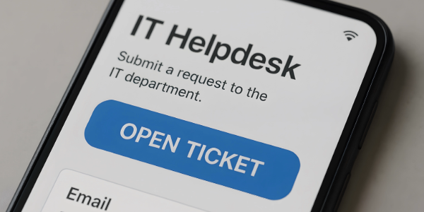 IT helpdesk screen showing an open ticket button, representing common IT habits in support workflows.