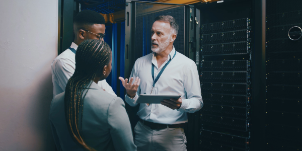 IT manager speaking with two staff inside a server room, discussing IT processes and daily operational habits.