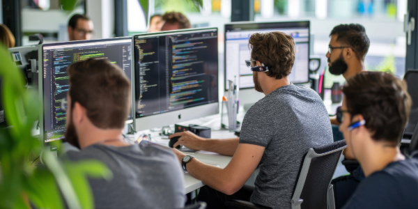 IT team working at multiple monitors in a busy office environment, representing common IT habits and daily technical workflows.