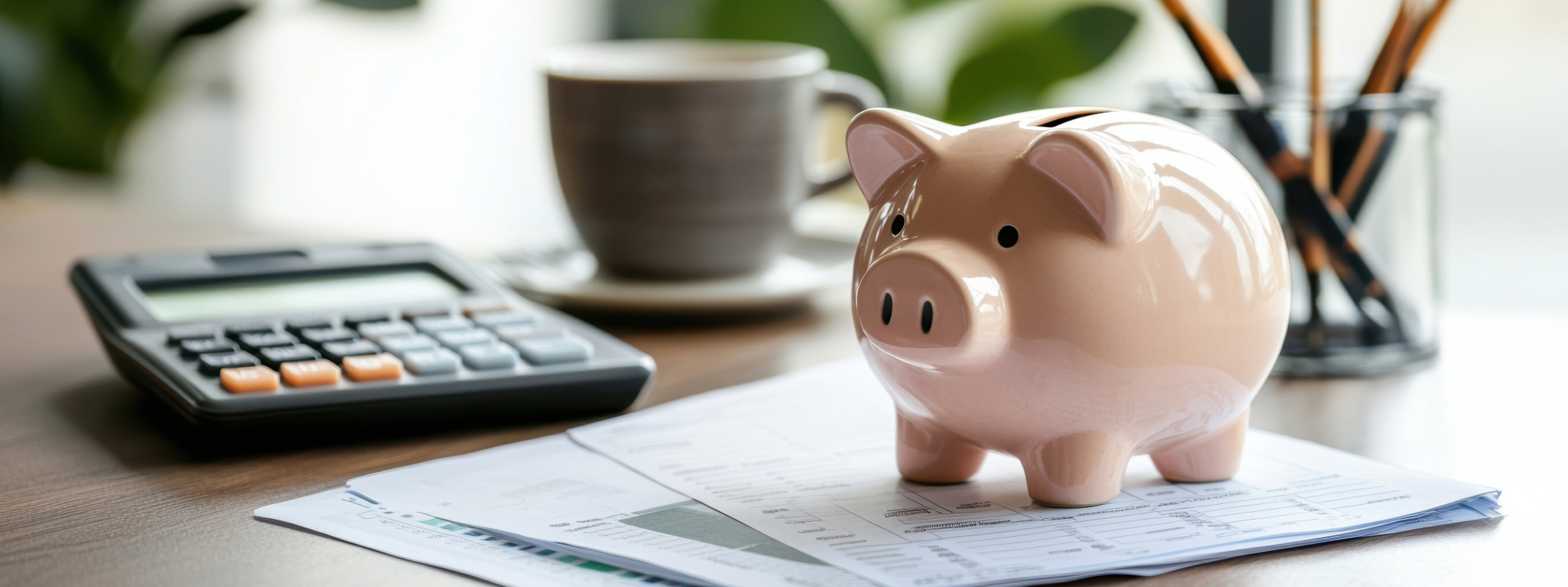 Piggy bank on financial documents beside a calculator and coffee cup, symbolising budgeting and cost planning for IT investments.