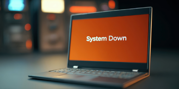Laptop screen displaying a red ‘System Down’ message, representing IT outages caused by bad IT habits.