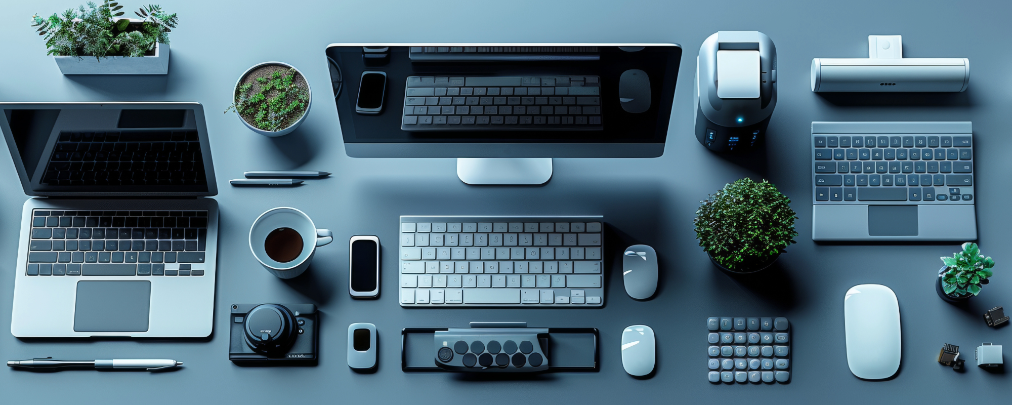Overhead view of laptops, monitors and peripherals arranged for IT procurement planning