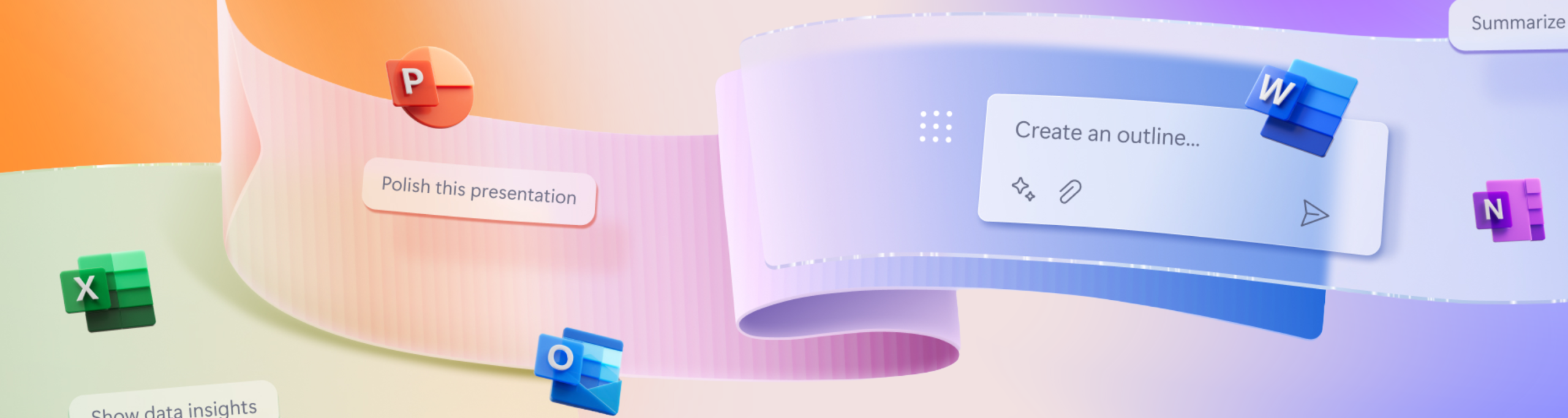 Microsoft 365 icons floating on an abstract background featuring written commands, used to represent copilot deployment