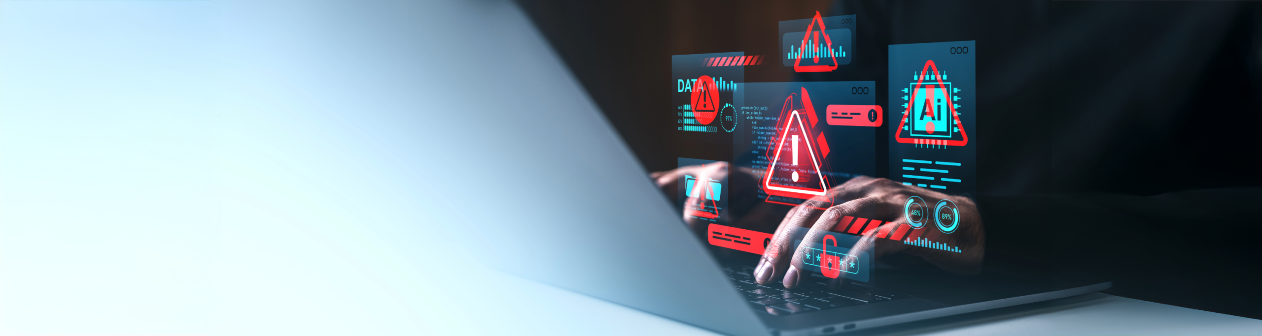 Close-up of hands typing on a laptop with digital warning icons highlighting a software security risk for Notepad++