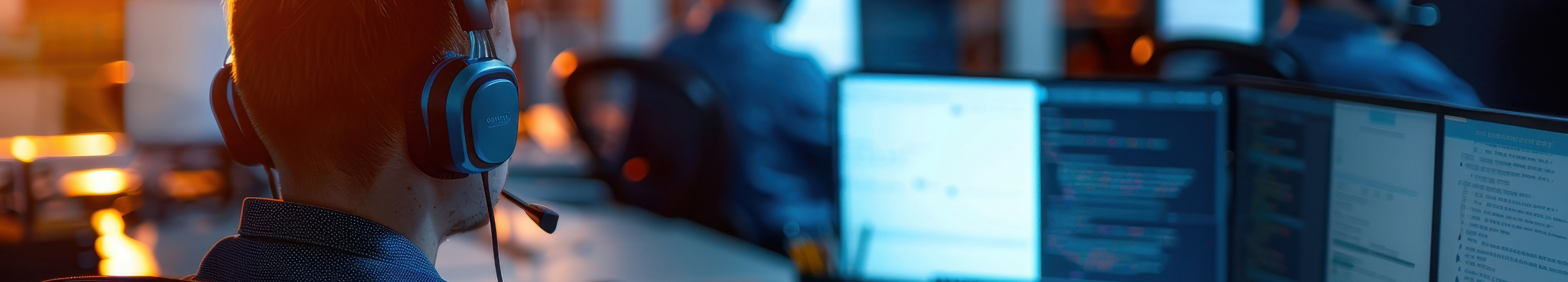 Tech support specialist managing IT systems on multiple monitors in a busy office environment