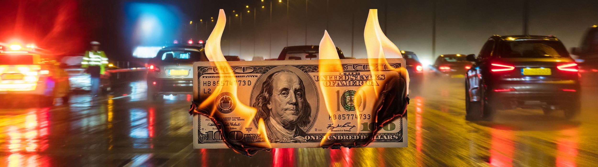 A burning hundred-dollar bill over a blurred highway, illustrating how AI usage costs can spiral out of control.