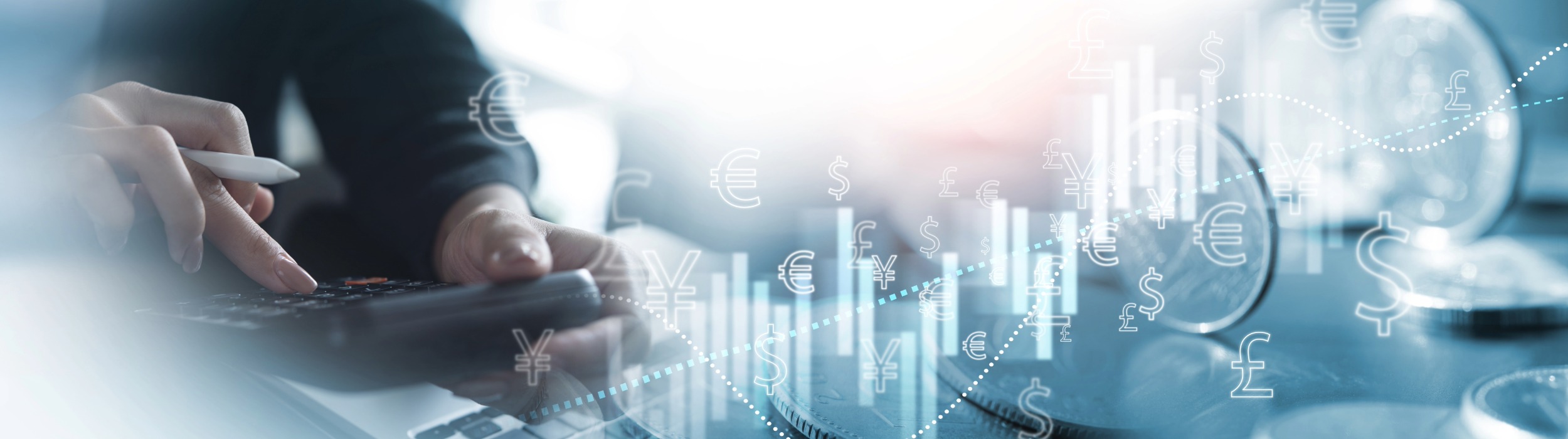 Professional using a calculator with digital currency icons overlay representing IT services pricing models.