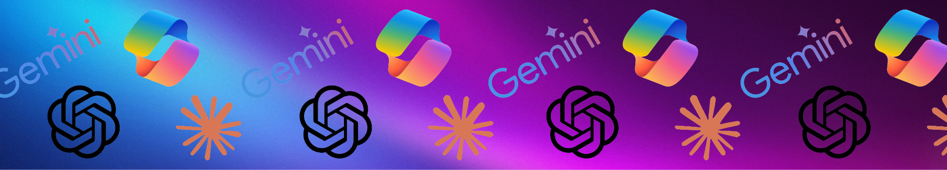 ChatGPT, Claude, Gemini and Copilot logos displayed on a blue and pink gradient background