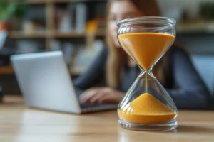 Close-up of hourglass in front of woman working on laptop, representing countdown to Windows 10 end of support