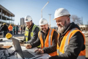 Construction workers using laptop on site to manage IT and construction cyber threats