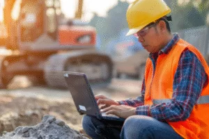 Worker using laptop on site to manage construction cyber threats
