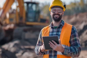 Construction site worker using a tablet for IT services in mining and construction